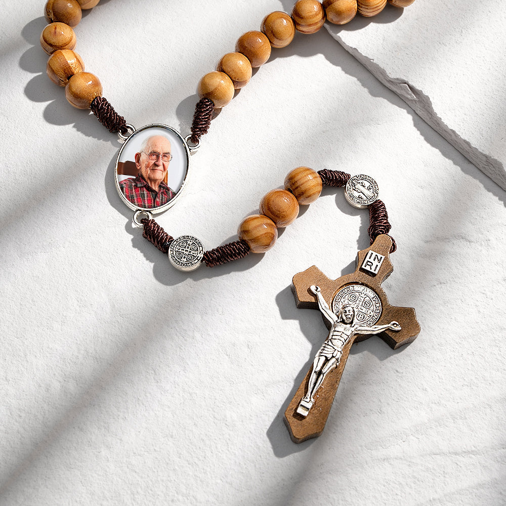Custom Rosary Beads Cross Necklace Personalized Vintage Light Wood Beads Handwoven Necklace with Photo