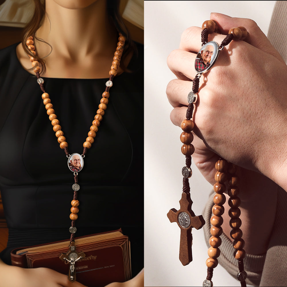 Custom Rosary Beads Cross Necklace Personalized Vintage Light Wood Beads Handwoven Necklace with Photo