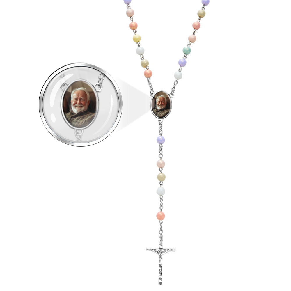 Custom Rosary Beads Cross Necklace Personalized Acrylic Macaron Color Beads Necklace with Photo