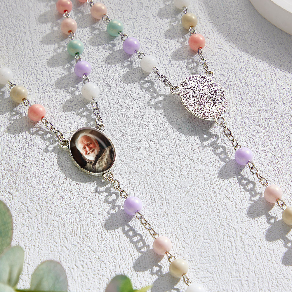 Custom Rosary Beads Cross Necklace Personalized Acrylic Macaron Color Beads Necklace with Photo
