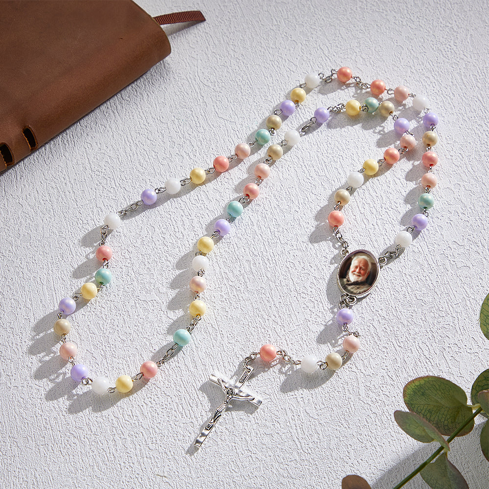 Custom Rosary Beads Cross Necklace Personalized Acrylic Macaron Color Beads Necklace with Photo