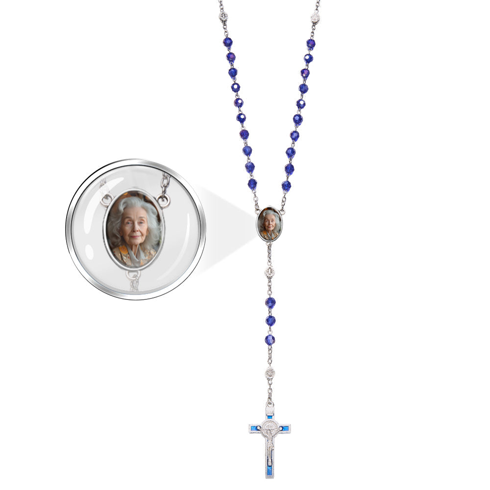 Custom Rosary Beads Cross Necklace Personalized Blue Crystal Necklace with Photo