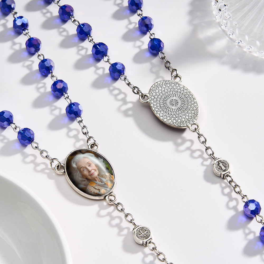 Custom Rosary Beads Cross Necklace Personalized Blue Crystal Necklace with Photo