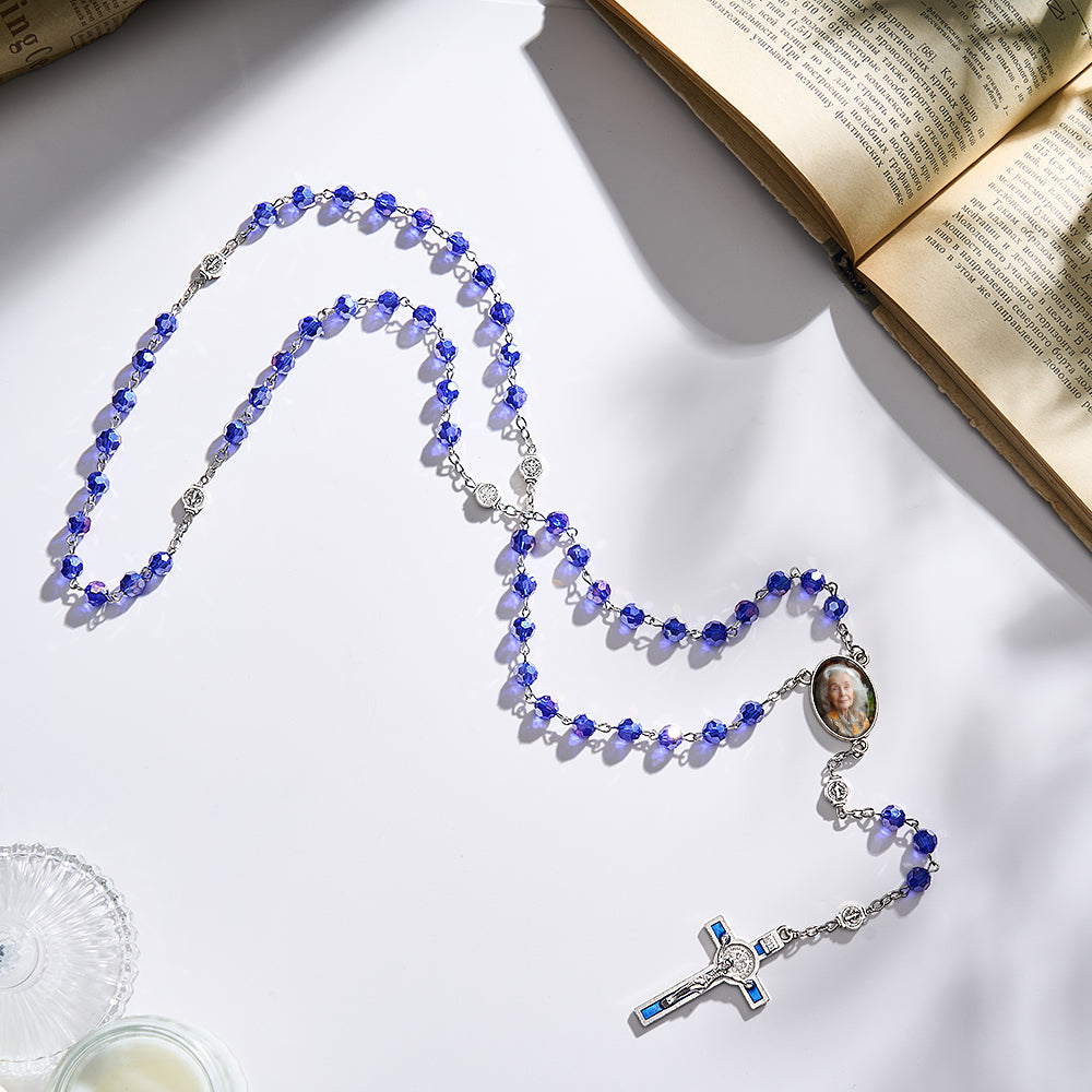 Custom Rosary Beads Cross Necklace Personalized Blue Crystal Necklace with Photo