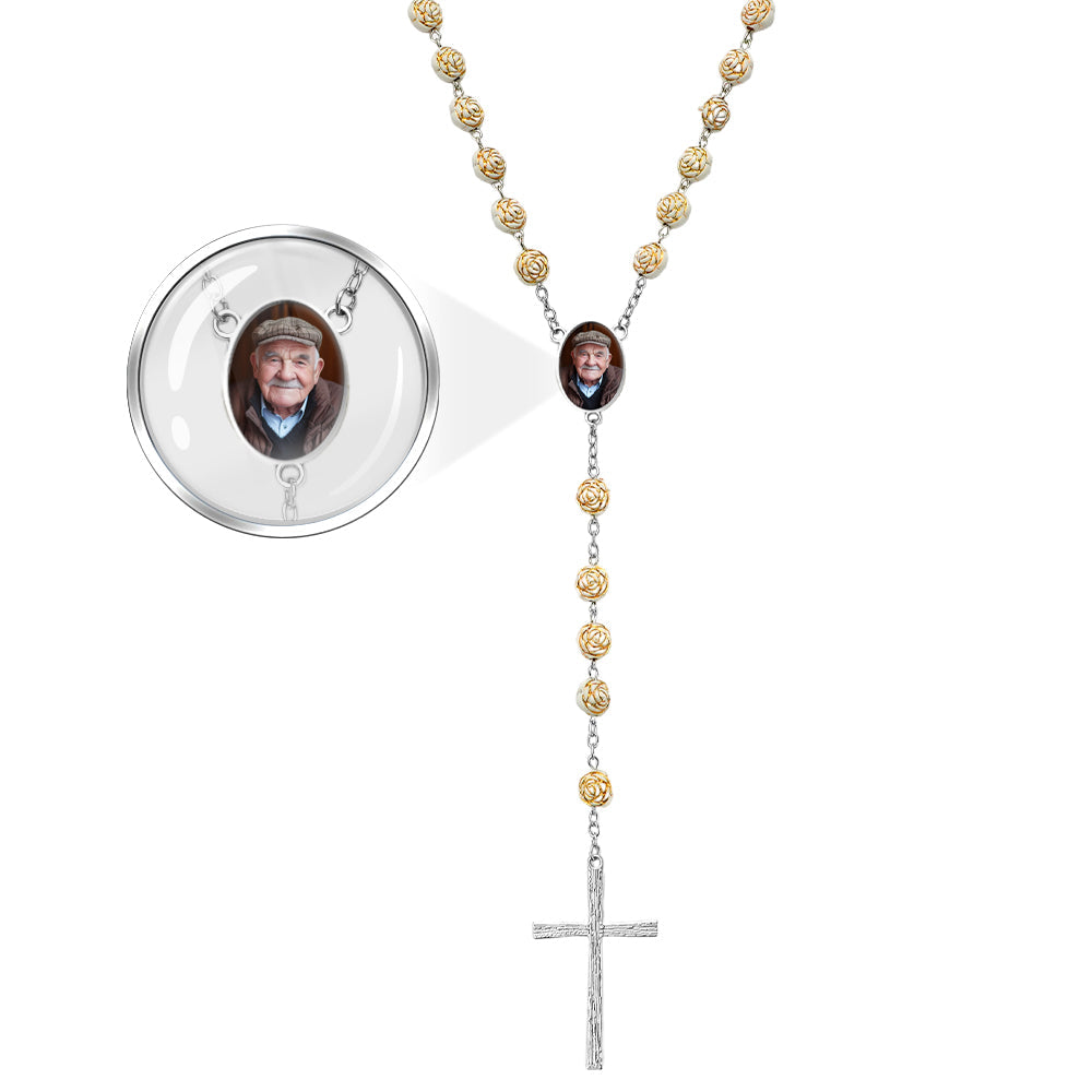 Custom Rosary Beads Cross Necklace Personalized Golden Rose Beads Necklace with Photo