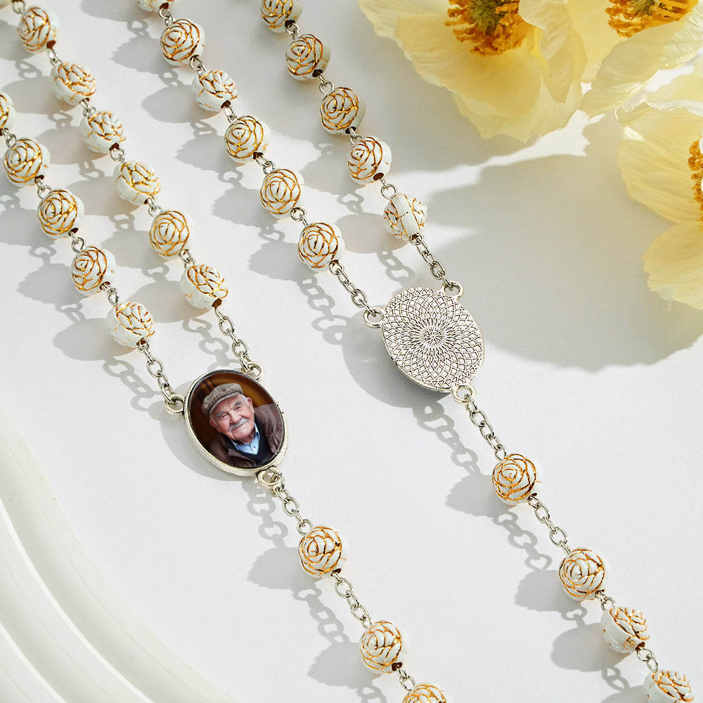 Custom Rosary Beads Cross Necklace Personalized Golden Rose Beads Necklace with Photo