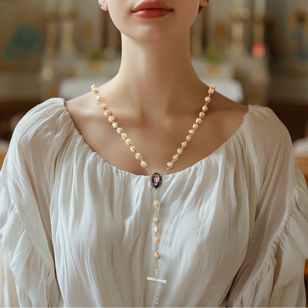 Custom Rosary Beads Cross Necklace Personalized Golden Rose Beads Necklace with Photo