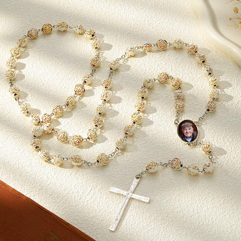 Custom Rosary Beads Cross Necklace Personalized Golden Rose Beads Necklace with Photo