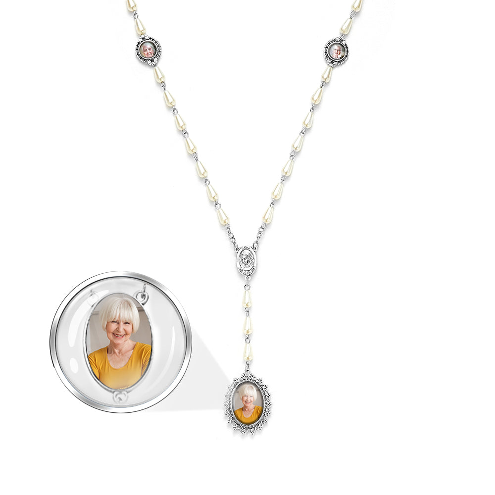 Custom Rosary Beads Cross Necklace Personalized Pearl Style Necklace with Photo