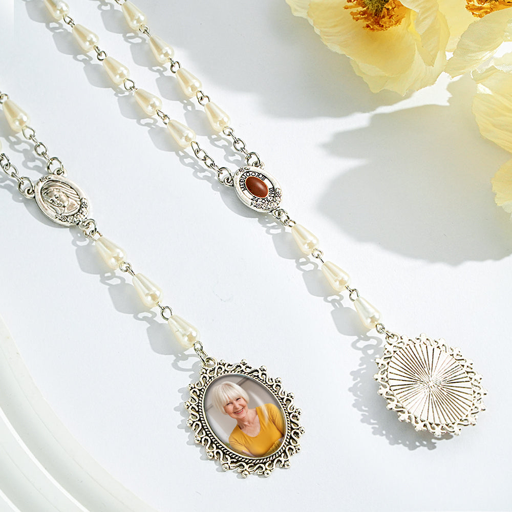 Custom Rosary Beads Cross Necklace Personalized Pearl Style Necklace with Photo