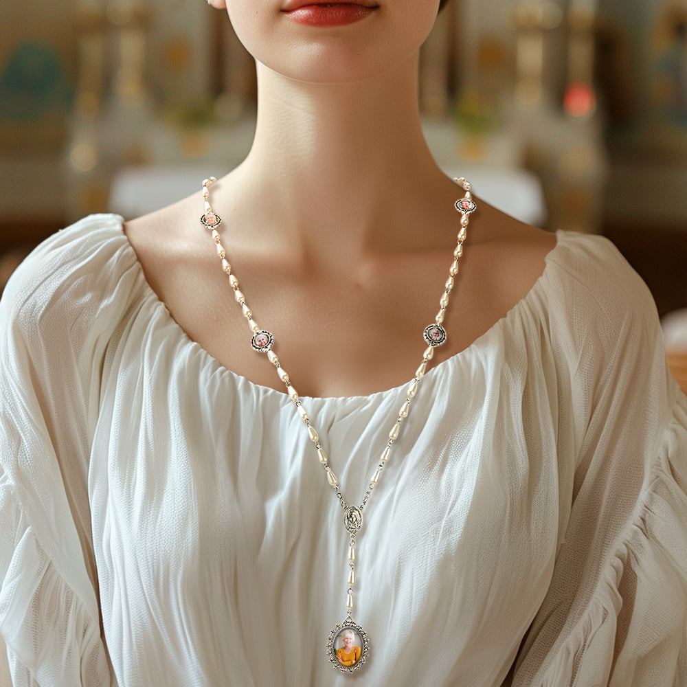 Custom Rosary Beads Cross Necklace Personalized Pearl Style Necklace with Photo