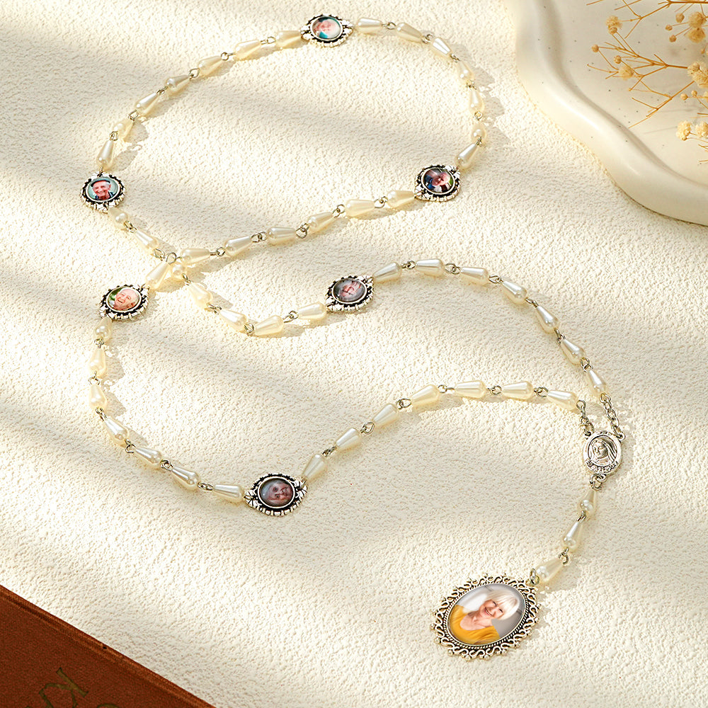Custom Rosary Beads Cross Necklace Personalized Pearl Style Necklace with Photo
