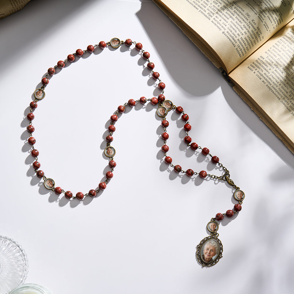 Custom Rosary Beads Cross Necklace Personalized Retro Sesame Stone Necklace with Photo
