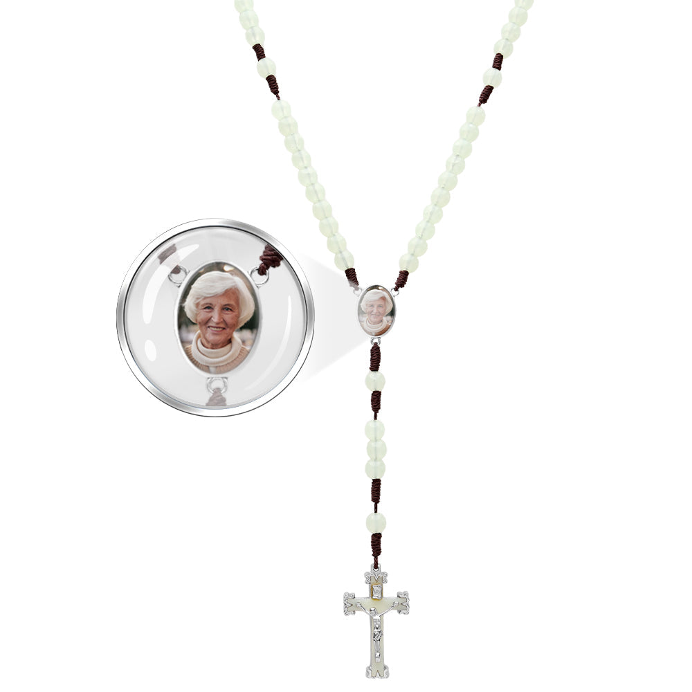 Custom Rosary Beads Cross Necklace Personalized Retro Acrylic Luminous Necklace with Photo