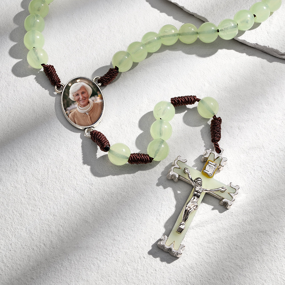 Custom Rosary Beads Cross Necklace Personalized Retro Acrylic Luminous Necklace with Photo