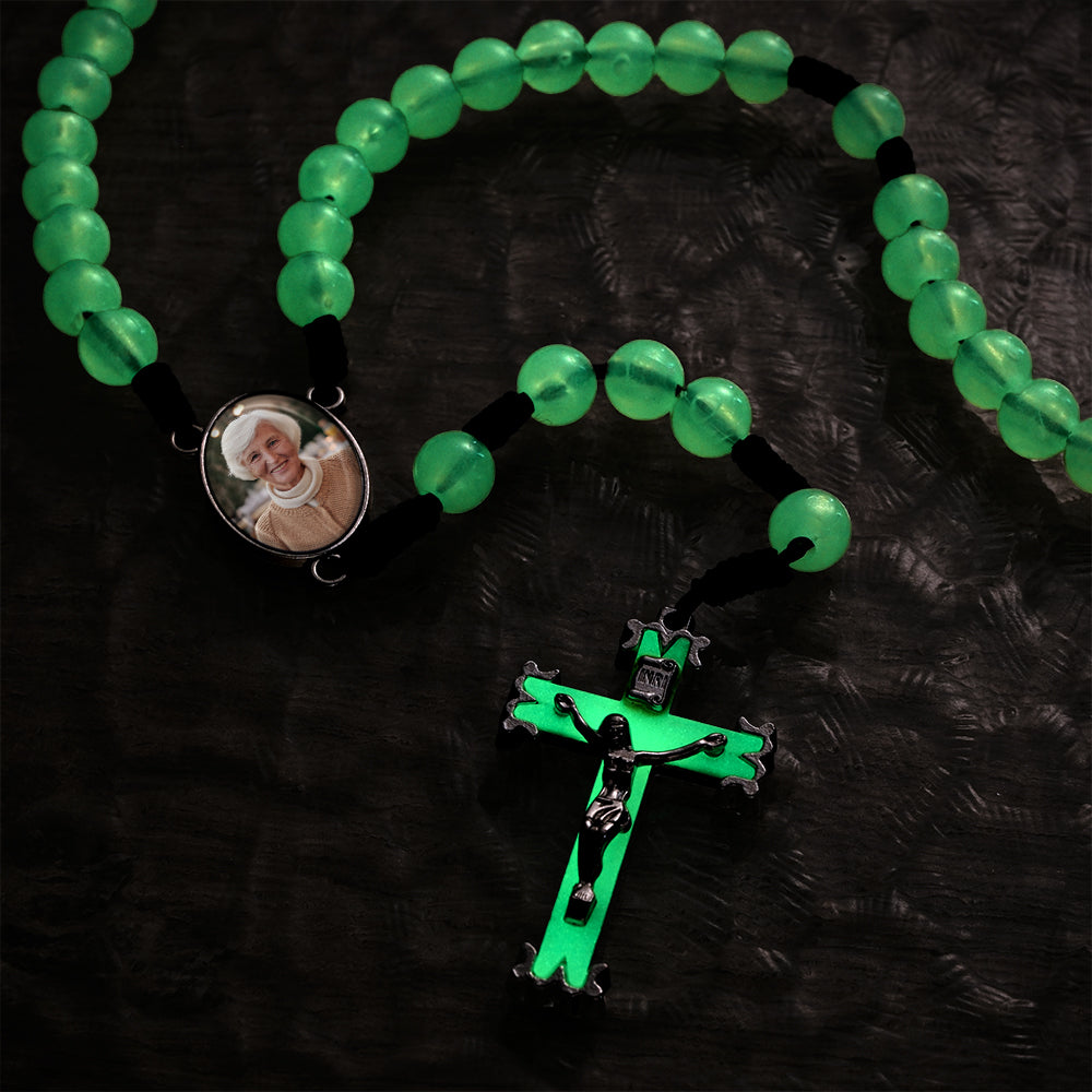 Custom Rosary Beads Cross Necklace Personalized Retro Acrylic Luminous Necklace with Photo