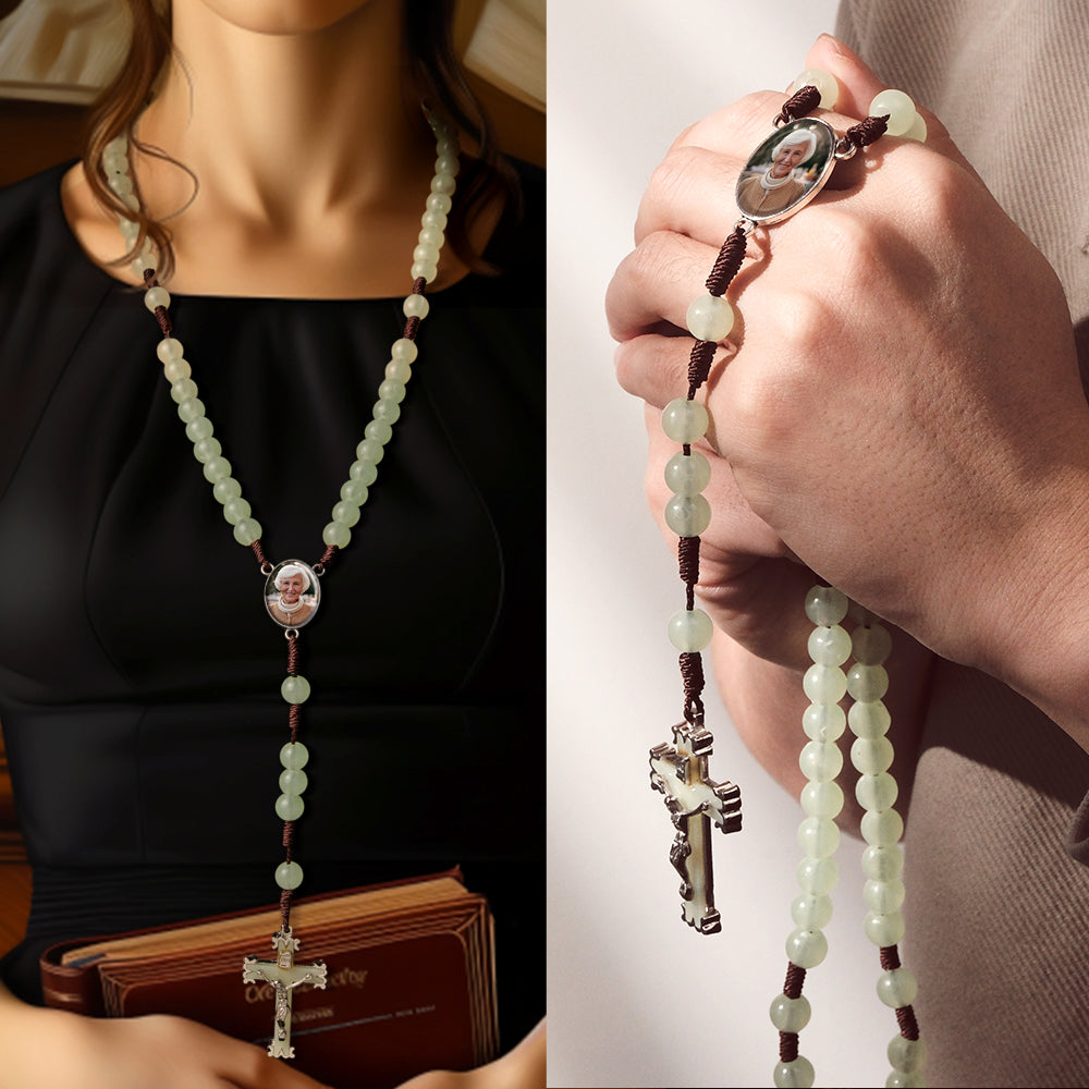 Custom Rosary Beads Cross Necklace Personalized Retro Acrylic Luminous Necklace with Photo