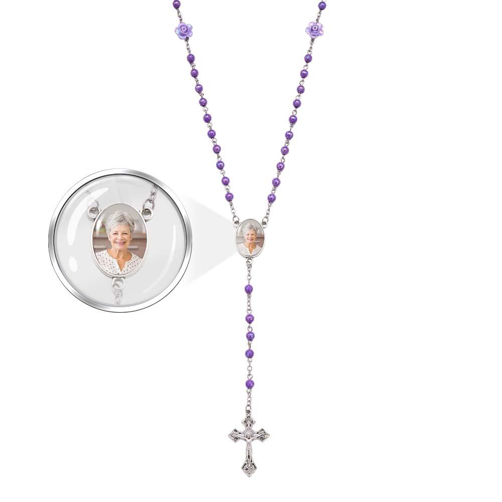 Custom Rosary Beads Cross Necklace Personalized Plated Purple Rose Beads Necklace with Photo