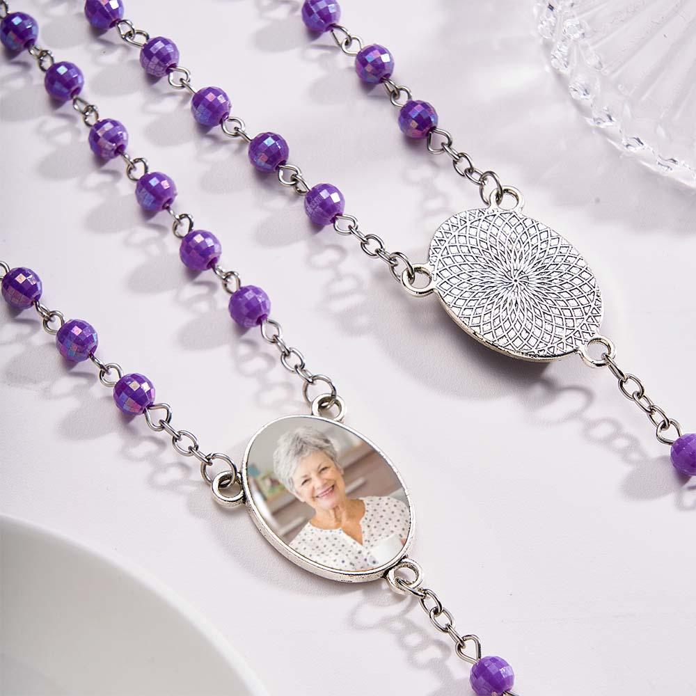 Custom Rosary Beads Cross Necklace Personalized Plated Purple Rose Beads Necklace with Photo