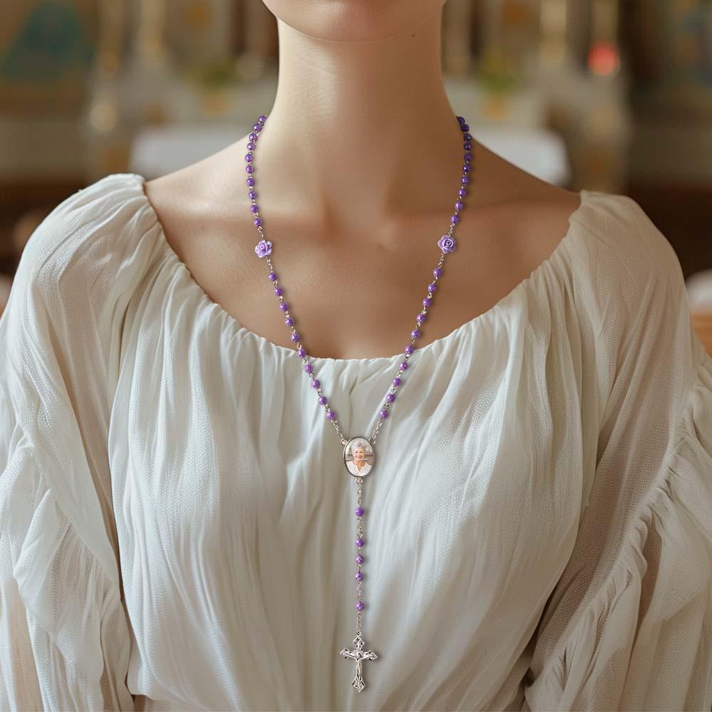 Custom Rosary Beads Cross Necklace Personalized Plated Purple Rose Beads Necklace with Photo
