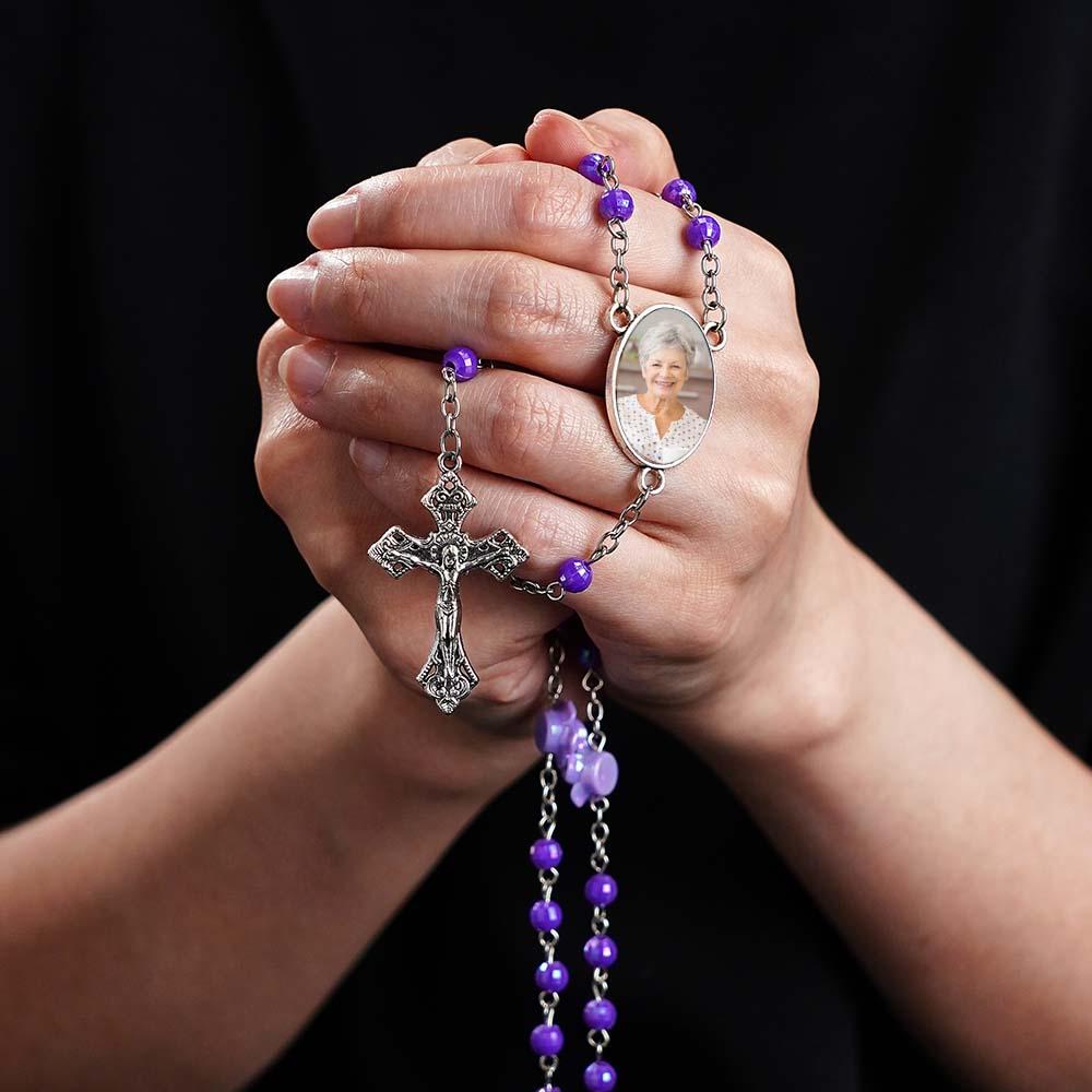 Custom Rosary Beads Cross Necklace Personalized Plated Purple Rose Beads Necklace with Photo