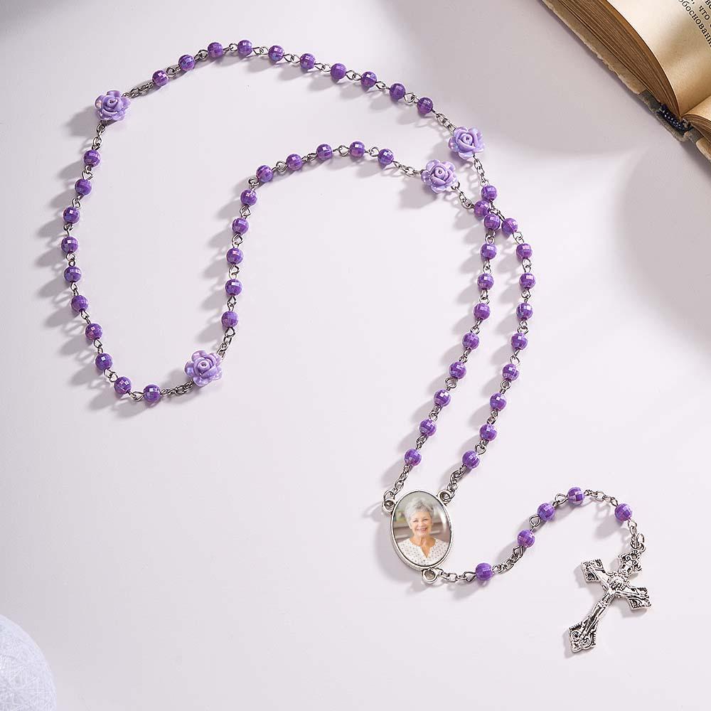 Custom Rosary Beads Cross Necklace Personalized Plated Purple Rose Beads Necklace with Photo