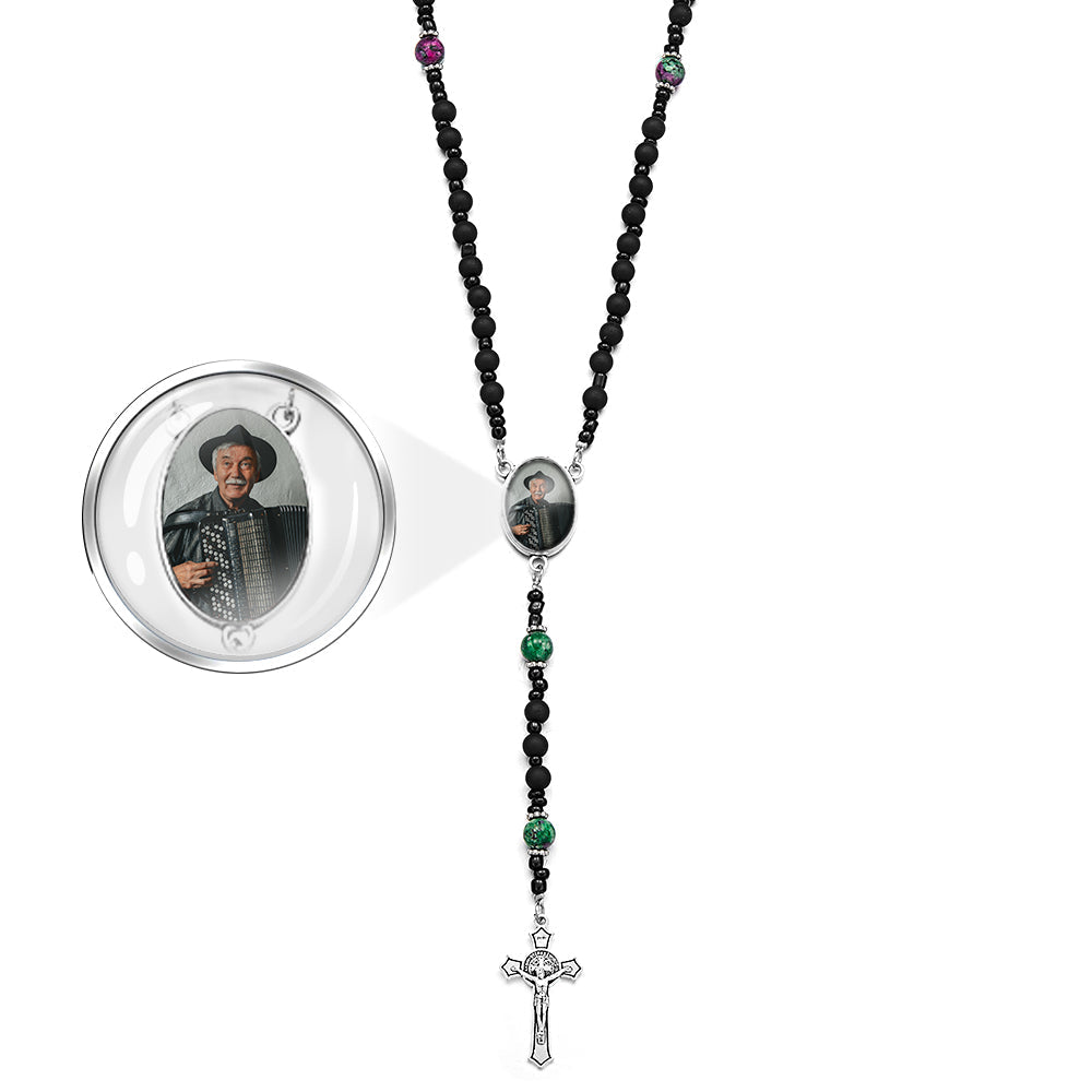 Custom Rosary Beads Cross Necklace Personalized Pattern Black Imitation Agate Necklace with Photo