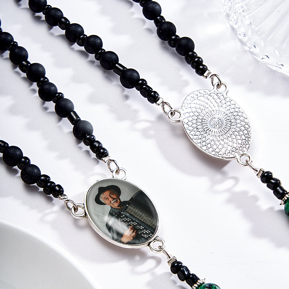 Custom Rosary Beads Cross Necklace Personalized Pattern Black Imitation Agate Necklace with Photo