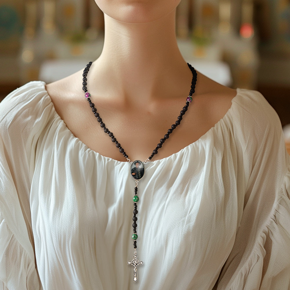Custom Rosary Beads Cross Necklace Personalized Pattern Black Imitation Agate Necklace with Photo