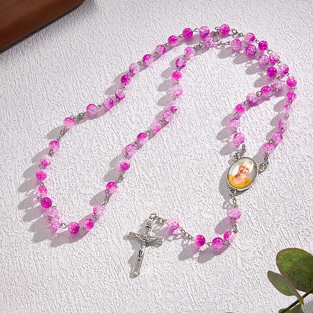 Custom Rosary Beads Cross Necklace Personalized Acrylic Explosion Beads Necklace with Photo