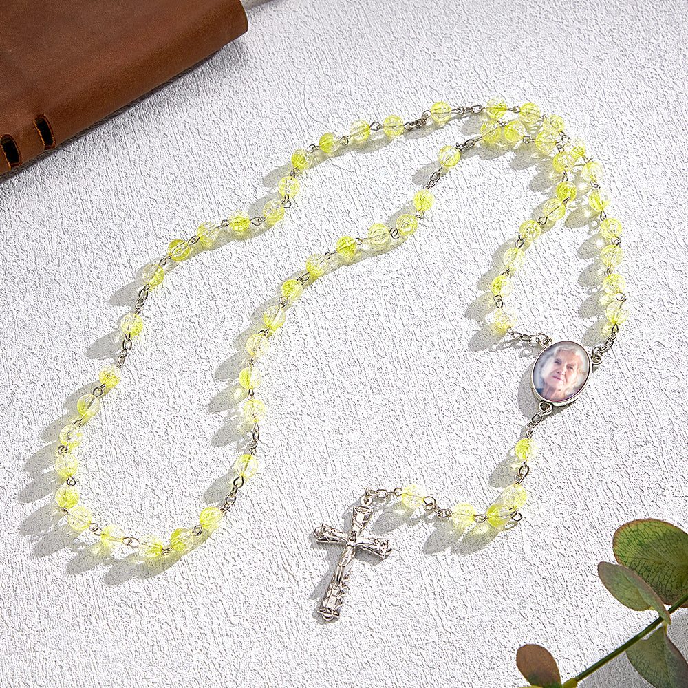Custom Rosary Beads Cross Necklace Personalized Acrylic Explosion Beads Necklace with Photo