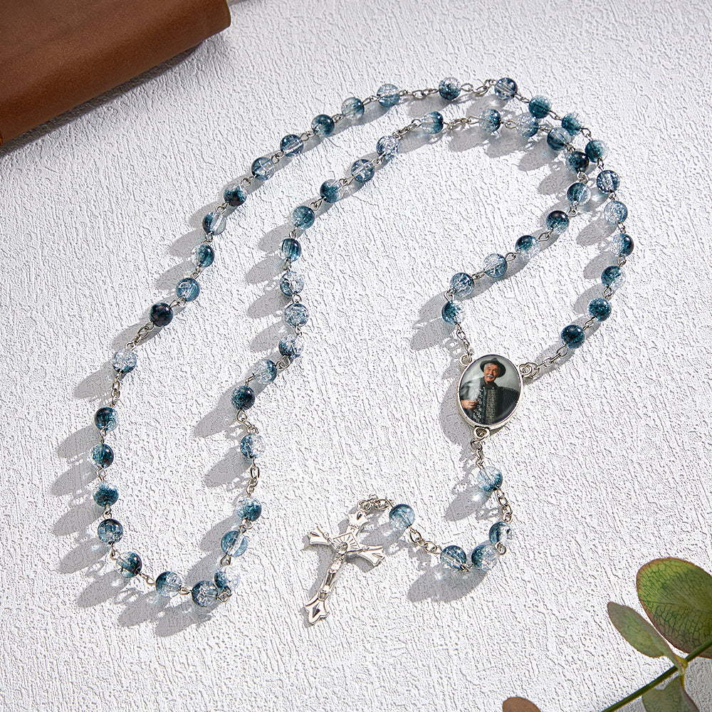 Custom Rosary Beads Cross Necklace Personalized Acrylic Explosion Beads Necklace with Photo