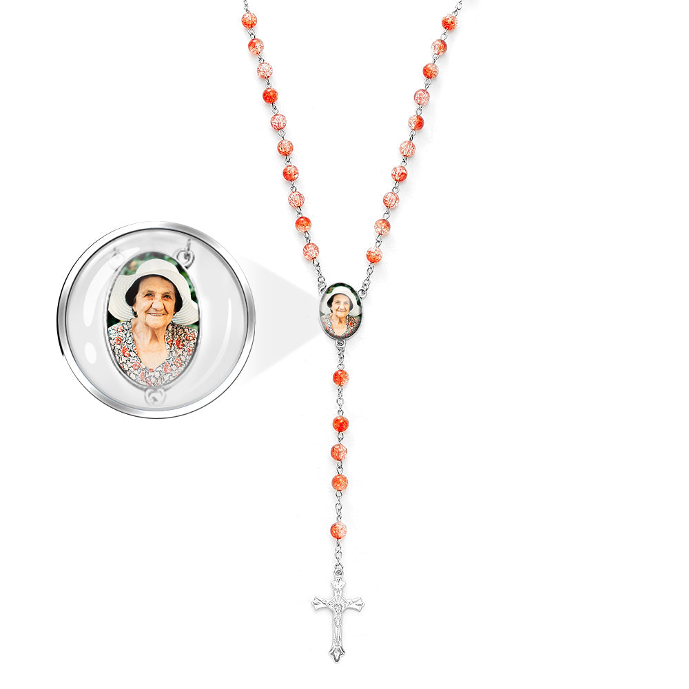 Custom Rosary Beads Cross Necklace Personalized Acrylic Explosion Beads Necklace with Photo