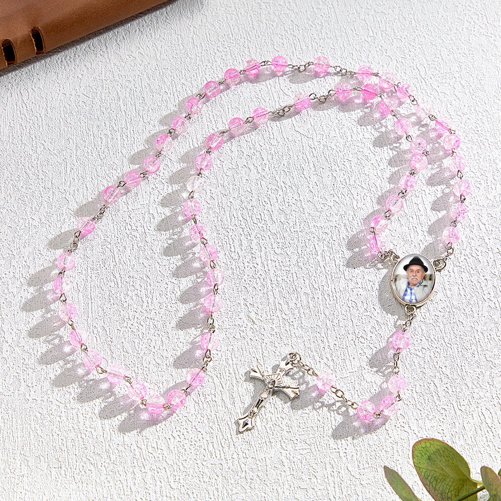 Custom Rosary Beads Cross Necklace Personalized Acrylic Explosion Beads Necklace with Photo