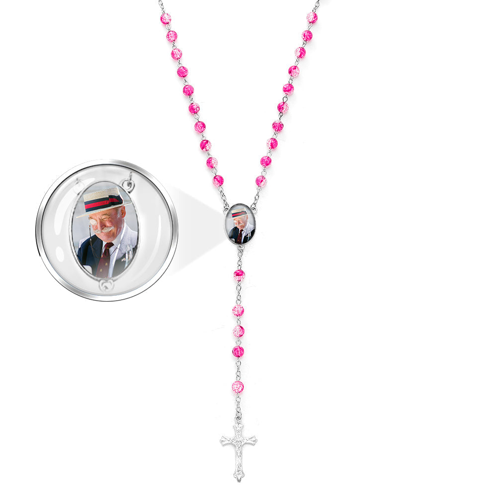 Custom Rosary Beads Cross Necklace Personalized Acrylic Explosion Beads Necklace with Photo