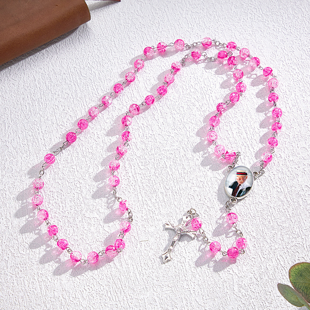 Custom Rosary Beads Cross Necklace Personalized Acrylic Explosion Beads Necklace with Photo