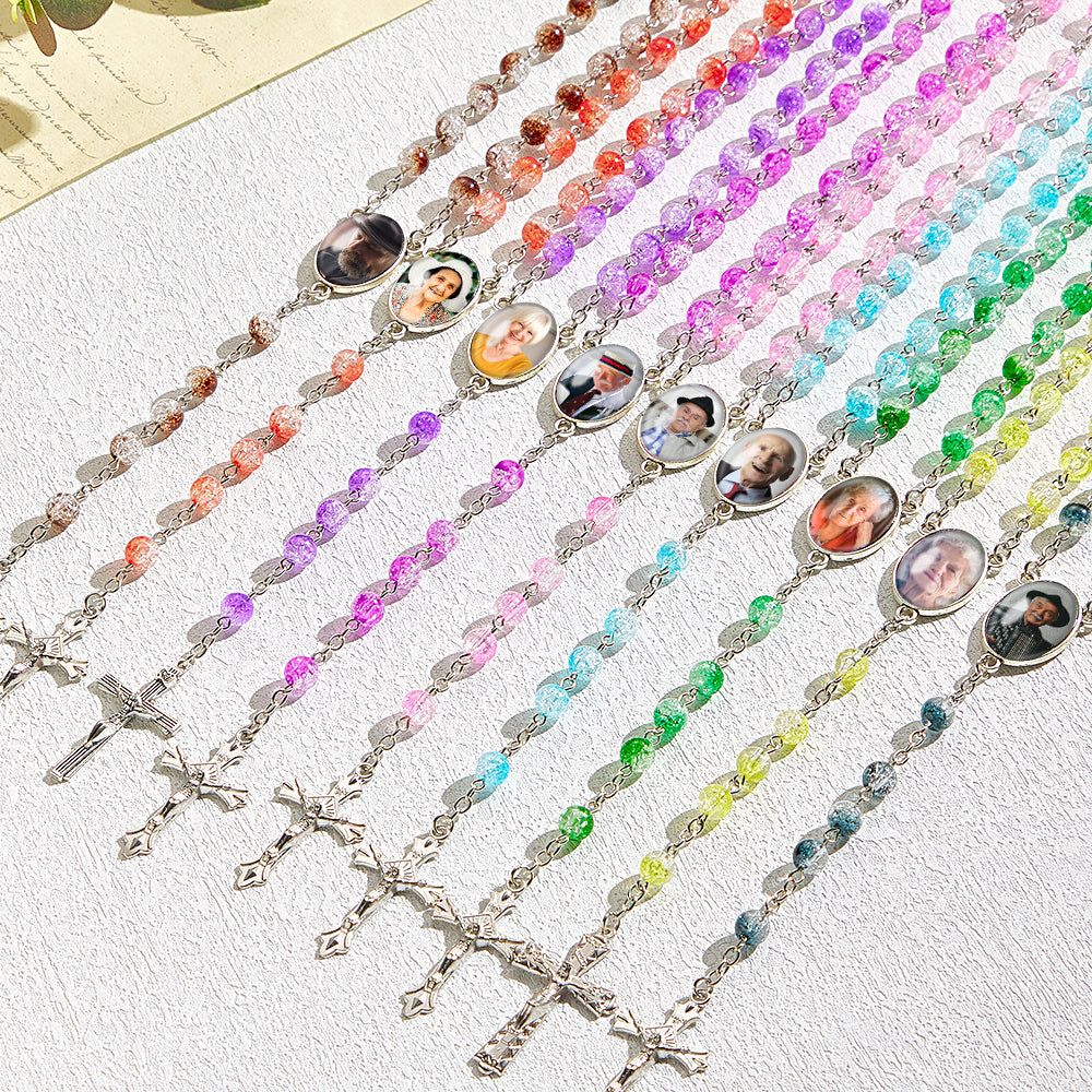 Custom Rosary Beads Cross Necklace Personalized Acrylic Explosion Beads Necklace with Photo