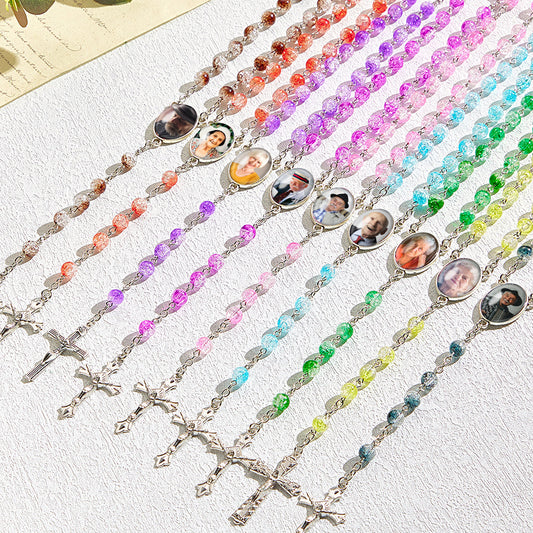 Custom Rosary Beads Cross Necklace Personalized Acrylic Explosion Beads Necklace with Photo