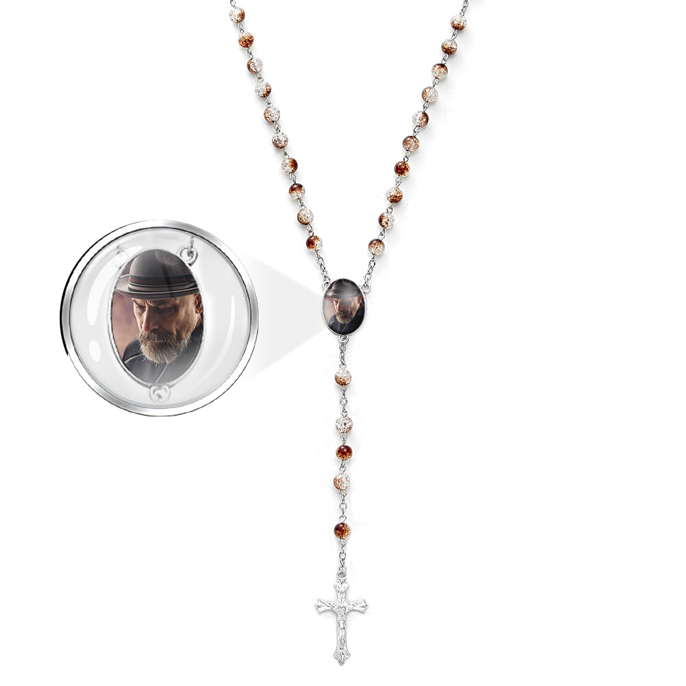 Custom Rosary Beads Cross Necklace Personalized Acrylic Explosion Beads Necklace with Photo