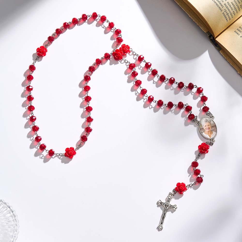 Custom Rosary Beads Cross Necklace Personalized Rose Crystal Necklace with Photo