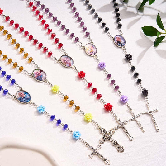 Custom Rosary Beads Cross Necklace Personalized Rose Crystal Necklace with Photo