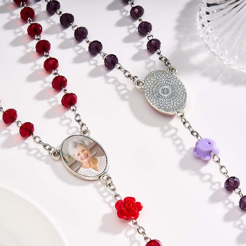Custom Rosary Beads Cross Necklace Personalized Rose Crystal Necklace with Photo