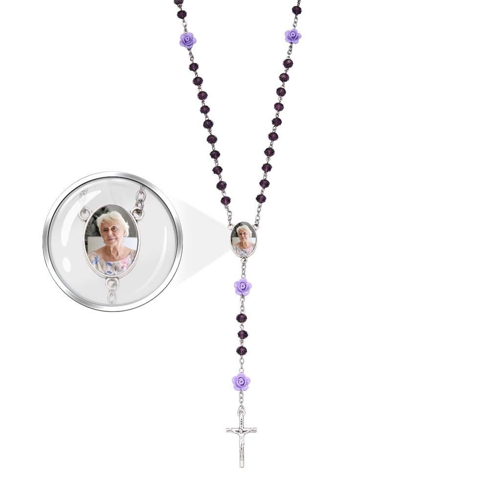 Custom Rosary Beads Cross Necklace Personalized Rose Crystal Necklace with Photo
