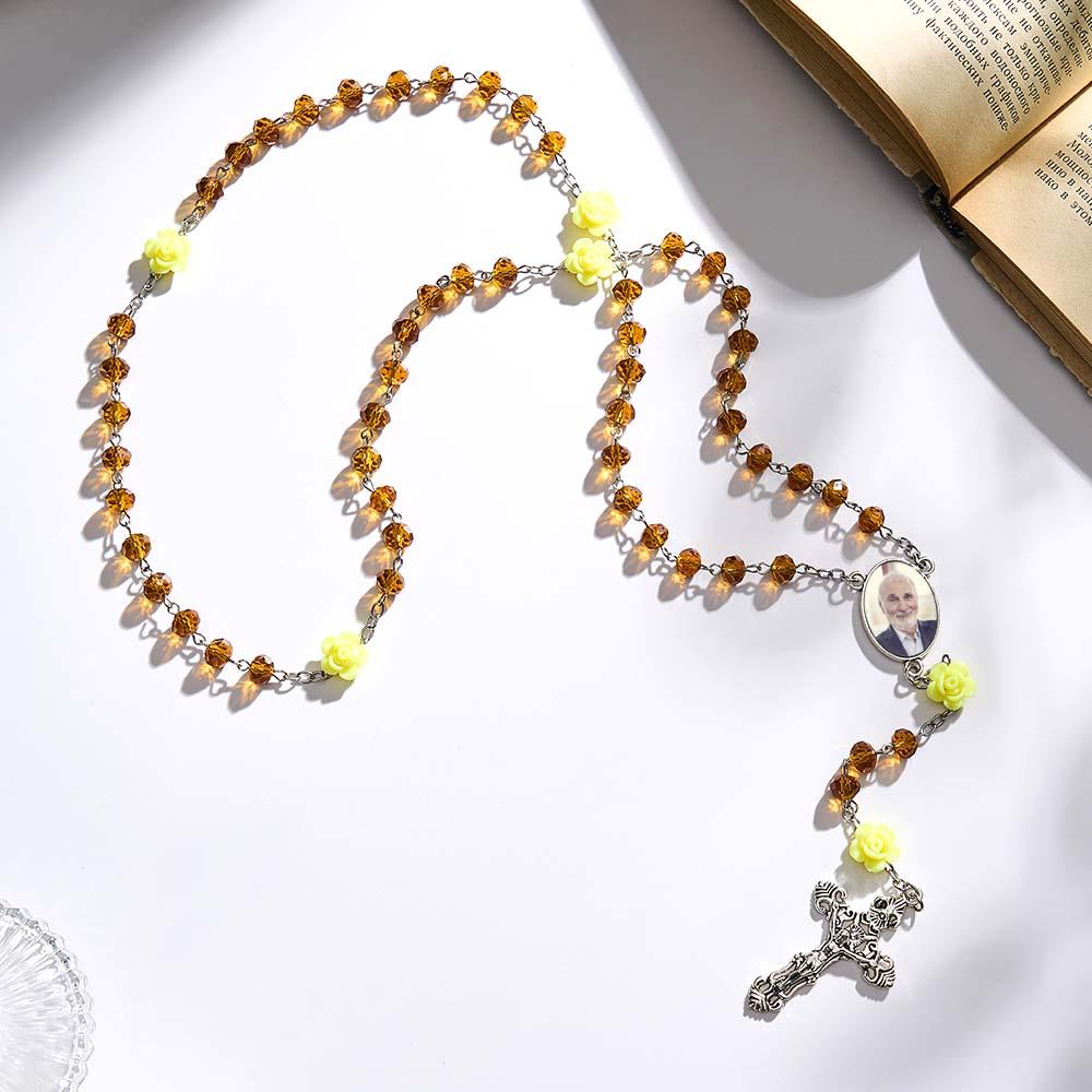 Custom Rosary Beads Cross Necklace Personalized Rose Crystal Necklace with Photo