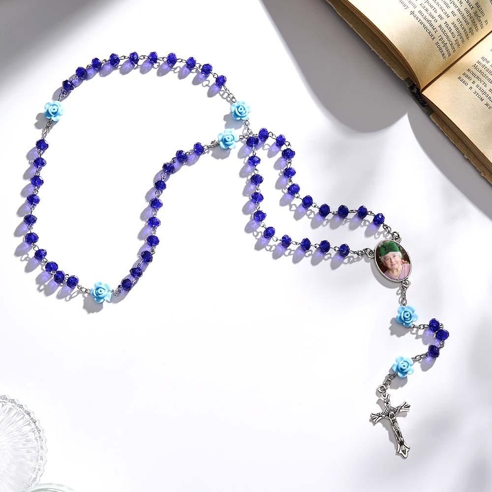 Custom Rosary Beads Cross Necklace Personalized Rose Crystal Necklace with Photo