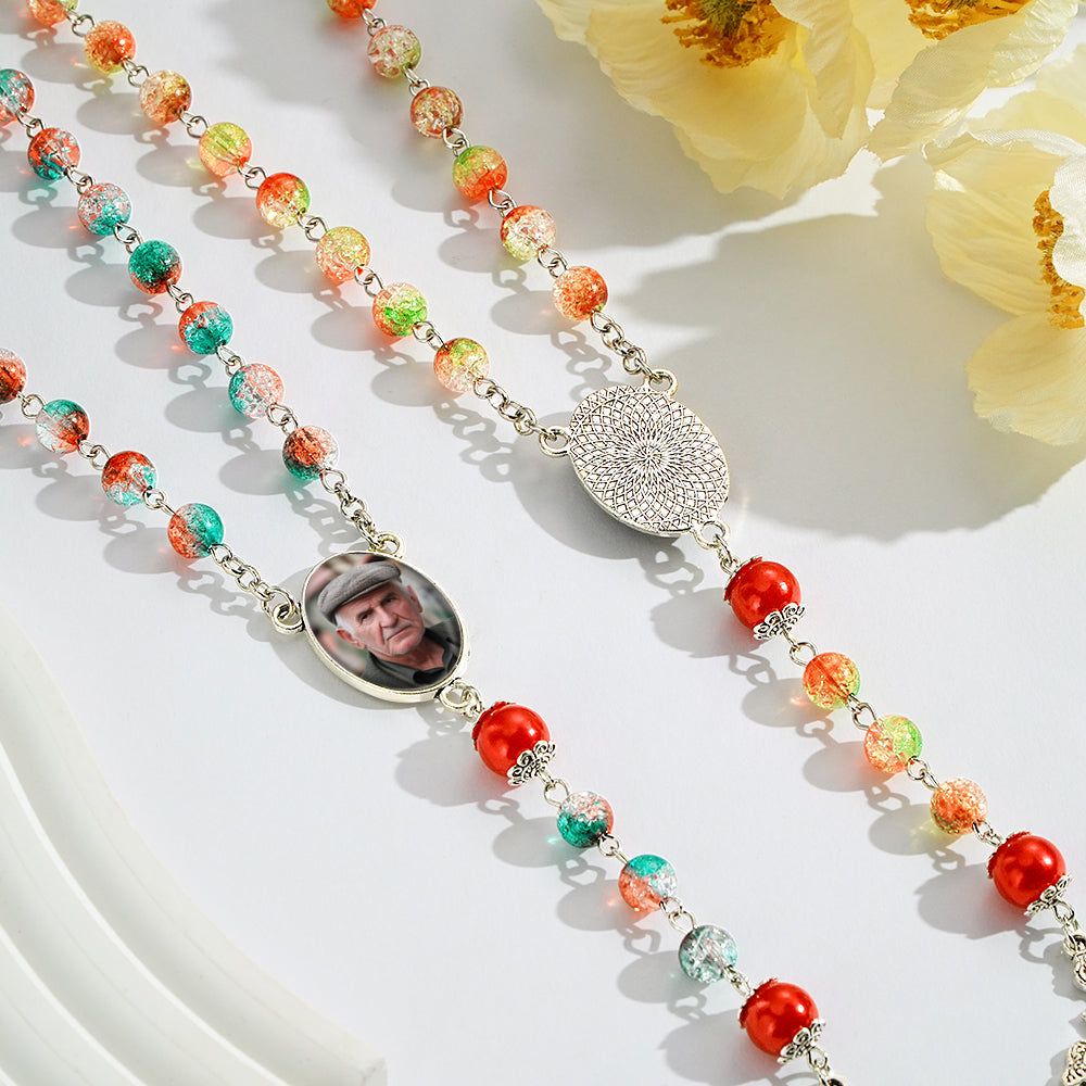 Custom Rosary Beads Cross Necklace Personalized Acrylic Explosion Beads Long Style Necklace with Photo