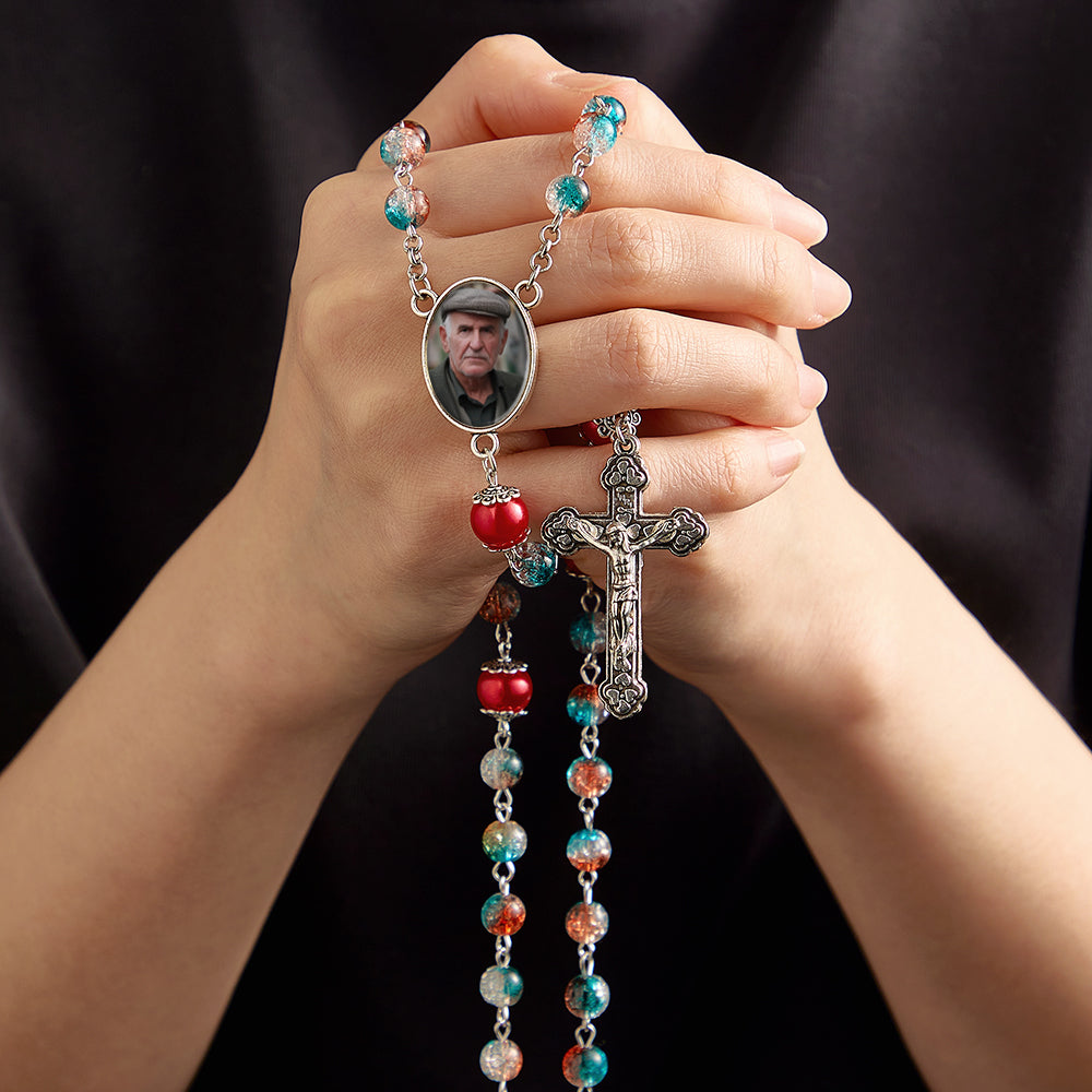 Custom Rosary Beads Cross Necklace Personalized Acrylic Explosion Beads Long Style Necklace with Photo