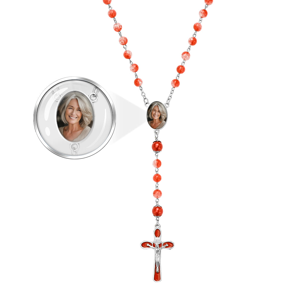 Custom Rosary Beads Cross Necklace Personalized Acrylic Explosion Beads Long Style Necklace with Photo
