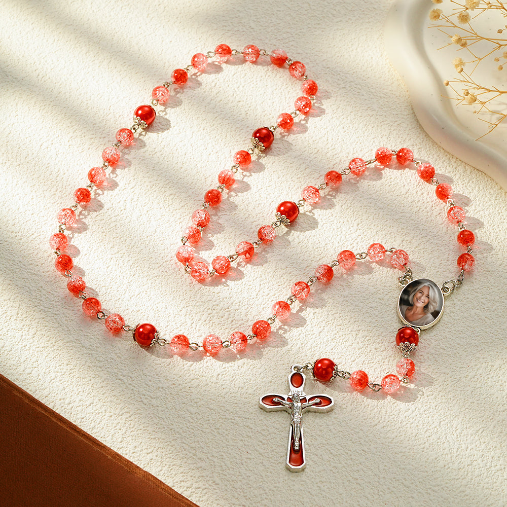 Custom Rosary Beads Cross Necklace Personalized Acrylic Explosion Beads Long Style Necklace with Photo