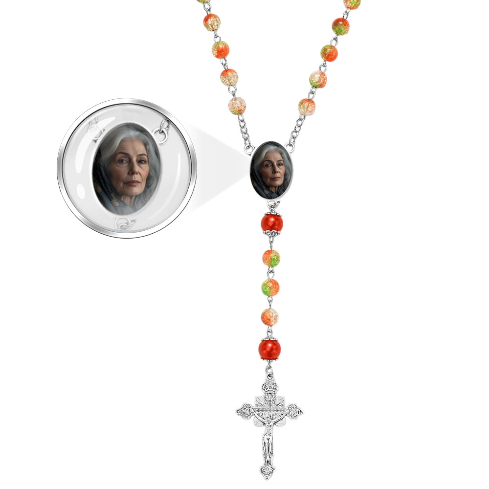 Custom Rosary Beads Cross Necklace Personalized Acrylic Explosion Beads Long Style Necklace with Photo